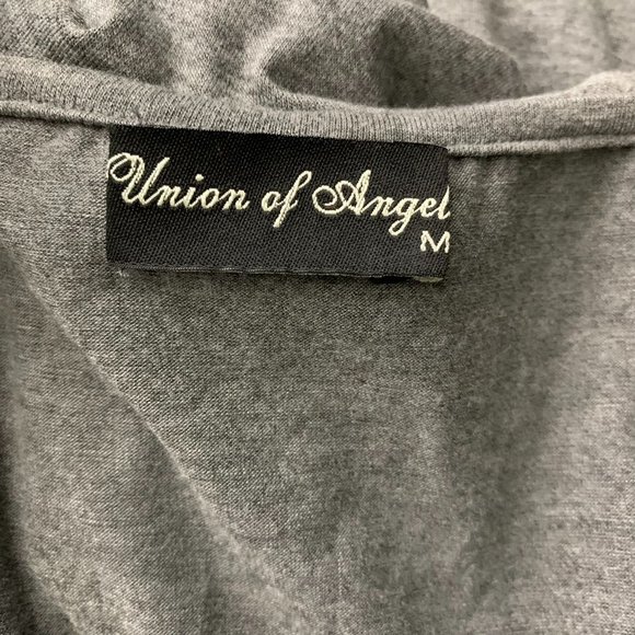 Union of Angels Ruffle Front Sheath Dress M Grey Leather Lace Up Stretch Knit - Picture 6 of 6